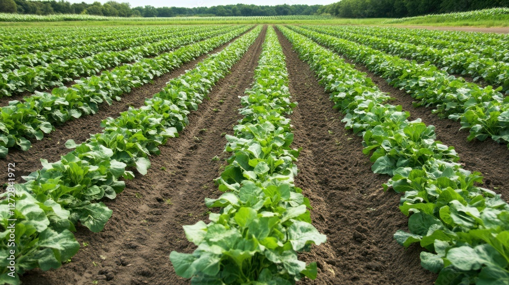 Serene Rows of Verdant Crops in a Cultivated Field Serene Rows of Verdant Crops in a Cultivated Field