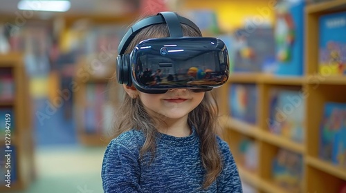 Girl using virtual reality headset in a library. Generative AI photo