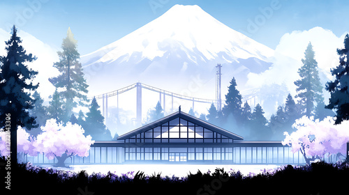 Wallpaper Mural Tranquil Scenery Featuring Modern Japanese Building, Distant Mountain, and Blooming Cherry Trees. Torontodigital.ca