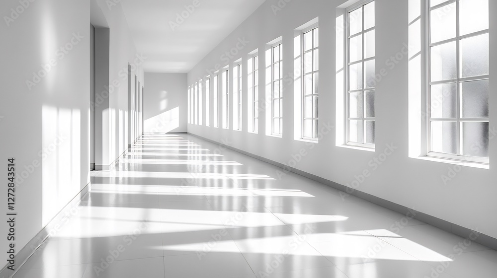 Fototapeta premium Bright sunlight streams through tall windows illuminating long white hallway. AI Generated