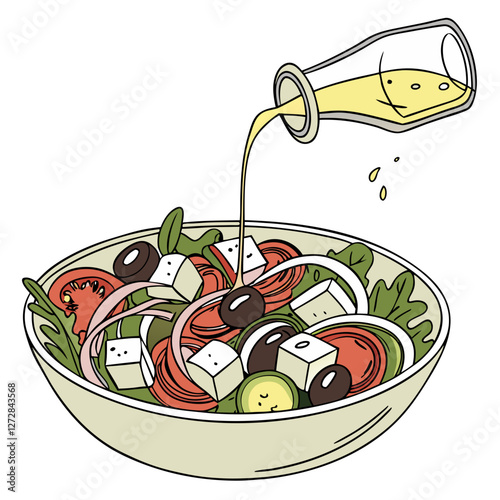 Fresh Greek Salad with Feta Cheese and Olives Isolated. Perfect for: Mediterranean diet promotions, Greek cultural festivals, summer gatherings, healthy eating campaigns