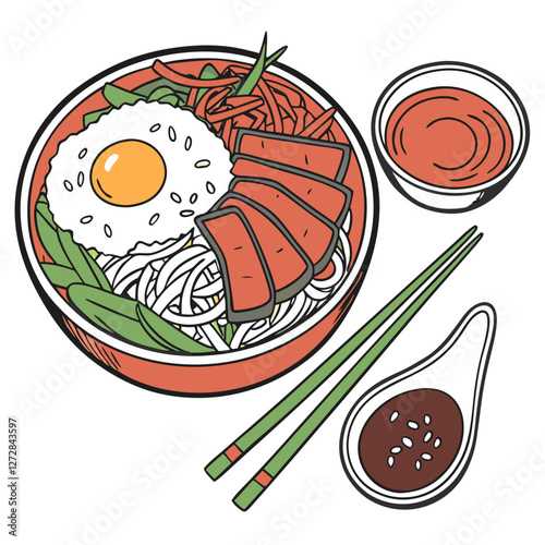 Korean Bibimbap with Beef, Egg Yolk, and Kimchi Isolated. Perfect for: Korean New Year, K-food festivals, Asian cuisine promotions, cultural appreciation events