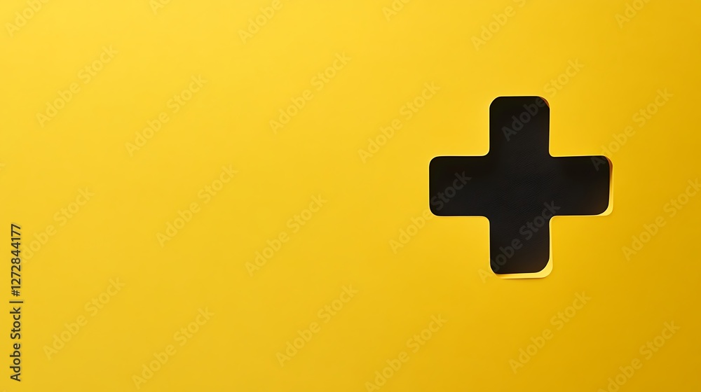 Obraz premium Yellow background with black plus symbol cutout.