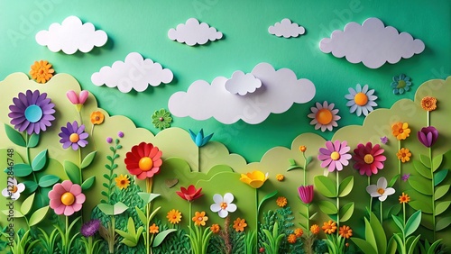Colorful Paper Cutout Garden with Flowers and Clouds - Springtime Stock Photo