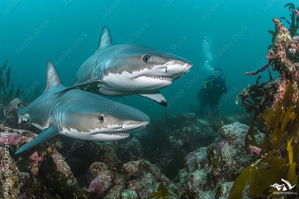 Underwater encounter: diver observing two tigersharks in marine habitat Underwater encounter: diver observing two tigersharks in marine habitat