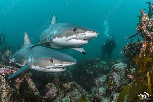 Underwater encounter: diver observing two tigersharks in marine habitat photo