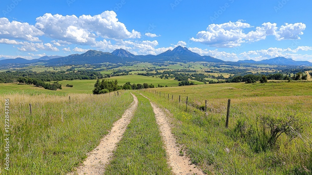 Naklejka premium Rural road leads to mountain range under sunny sky