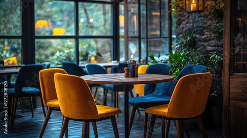 Cozy restaurant interior with colorful chairs.