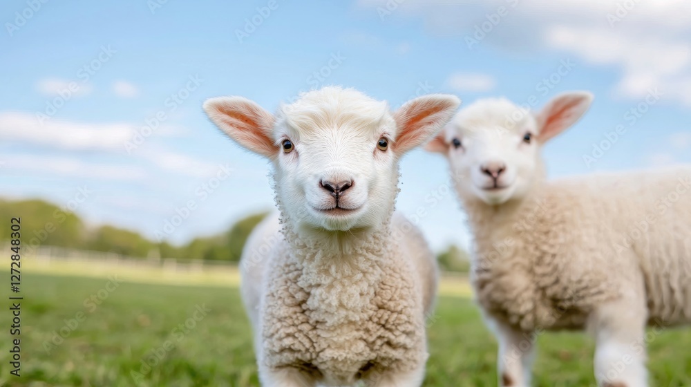 Two adorable lambs in a grassy field on a sunny day. Potential use Children's book illustration, nature photography, educational material Two adorable lambs in a grassy field on a sunny day. Potential use Children's book illustration, nature photography, educational material