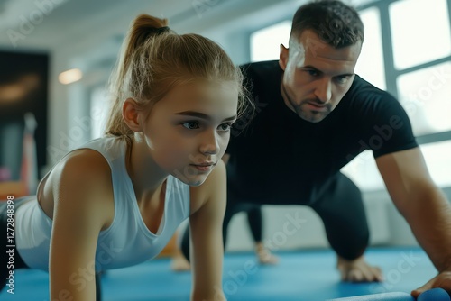 The coach makes sure that the girl does the exercises on the mat correctly