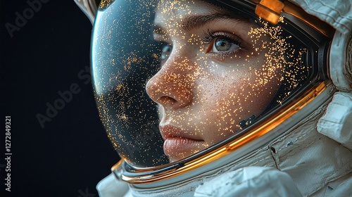 Astronaut in white space suit on black background.