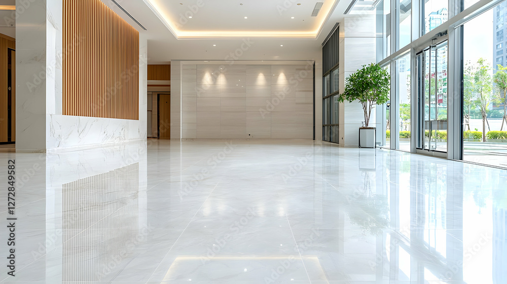 Fototapeta premium Modern office lobby, spacious interior, city view, empty