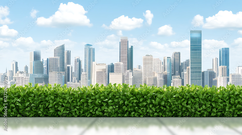 Obraz premium Urban Skyline View Behind Green Hedge on Balcony with Clear Sky and Clouds Cityscape Backdrop.