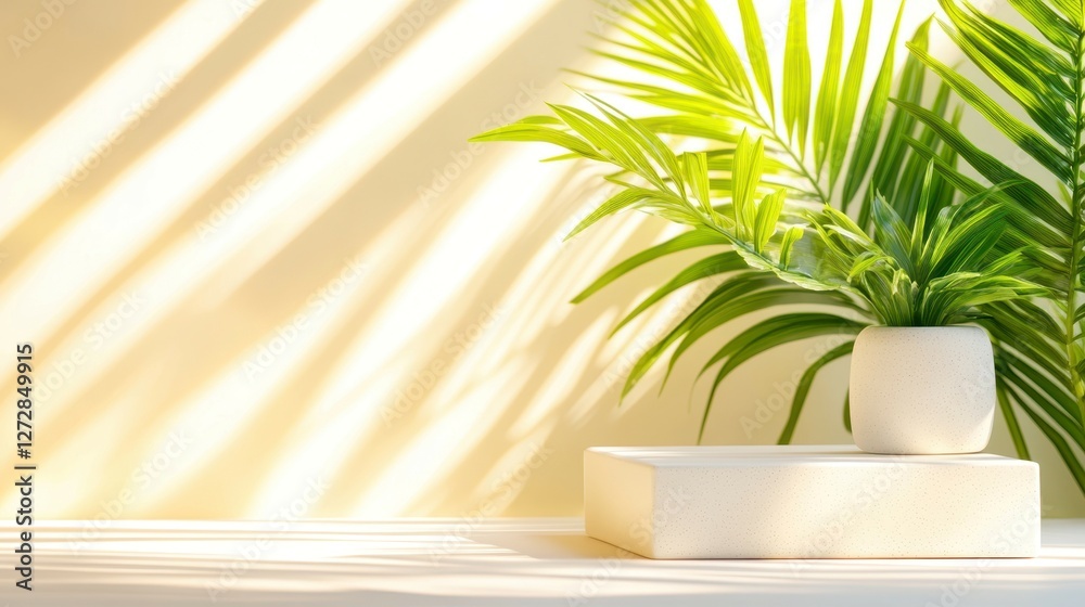Serene Still Life: A minimalist composition featuring vibrant green plant in a simple pot, elegantly presented on a geometric pedestal, bathed in soft sunlight. Serene Still Life: A minimalist composition featuring vibrant green plant in a simple pot, elegantly presented on a geometric pedestal, bathed in soft sunlight.