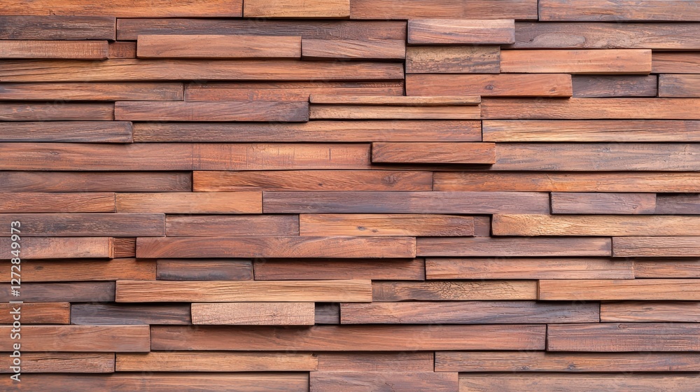A textured wall made of various wooden planks arranged in a unique, overlapping pattern, showcasing rich brown tones. A textured wall made of various wooden planks arranged in a unique, overlapping pattern, showcasing rich brown tones.