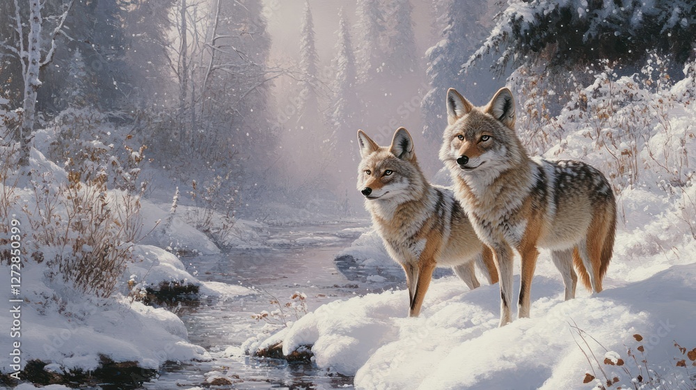 Fototapeta premium Two coyotes stand vigilantly by a snow covered stream in a winter wonderland