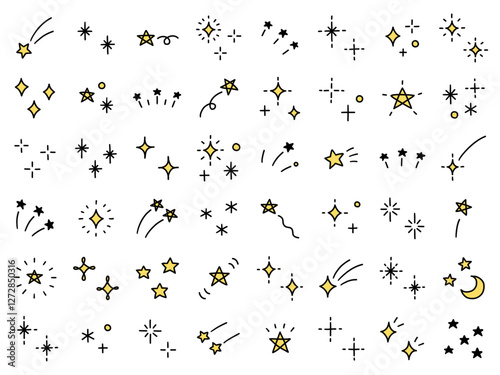 手書きのキラキラ飾りのベクターイラストセット。手描き、星、キラキラ、飾り