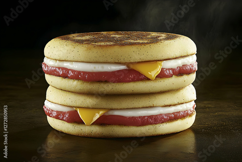 Stacked Breakfast Sandwich on Dark Wood photo