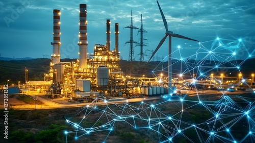 Industrial Power Plant at Night with Wind Turbine and Smart Grid Network