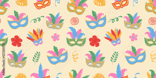 Carnival masks with feathers. Seamless pattern with masquerade and doodle elements.