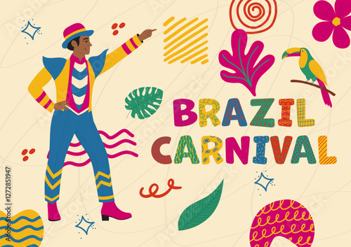 Colorful Rio carnival poster with man in masquerade costume, floral elements, exotic parrot, naive doodle shapes.