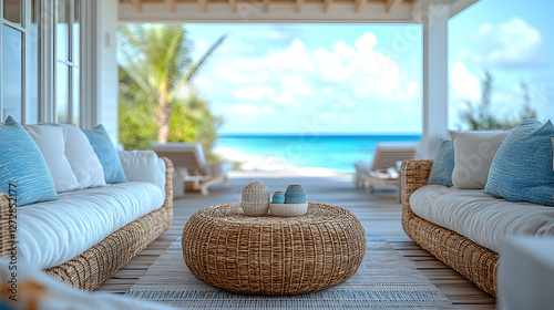 Coastal sunroom with wicker furniture, ocean view, tropical palm, beachy decor, seaside retreat