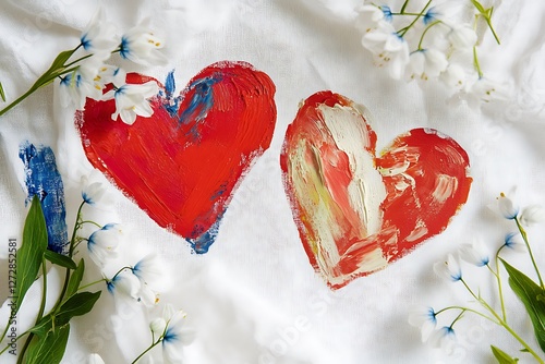 Expressive Women's Day design with expressive heart paintings and expressive white bluebells on an expressive white canvas.