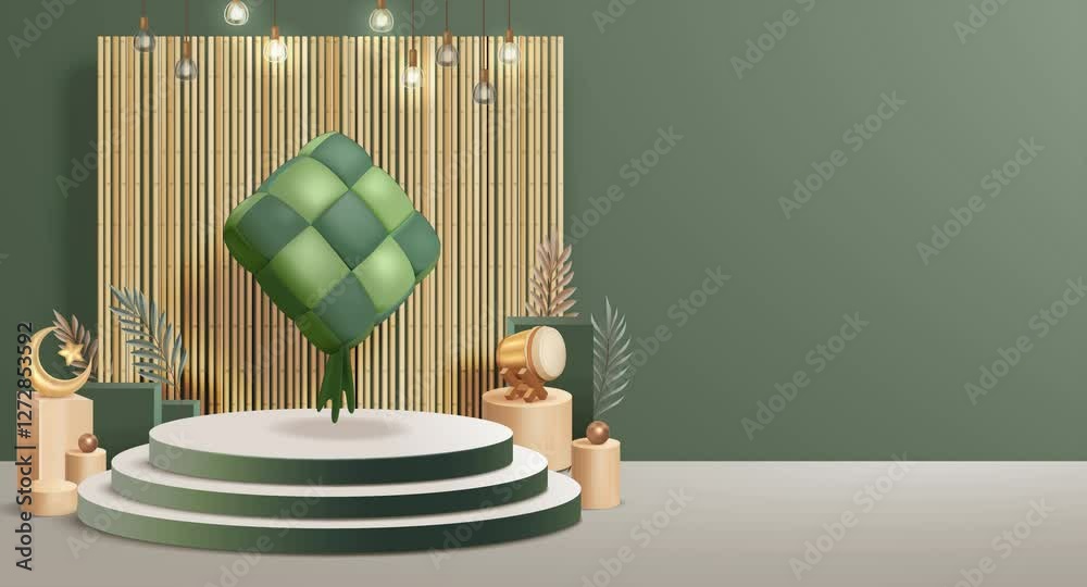 Selamat Idul Fitri Means Happy Eid Mubarak. Eid al Fitr 4K Footage with Ketupat (Indonesian Rice Cake) on the Podium and Islamic Decoration in 3D Style Animation