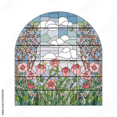 Scenic Stained Glass Window with Spring Flowers and Blue Sky – Artistic Illustration