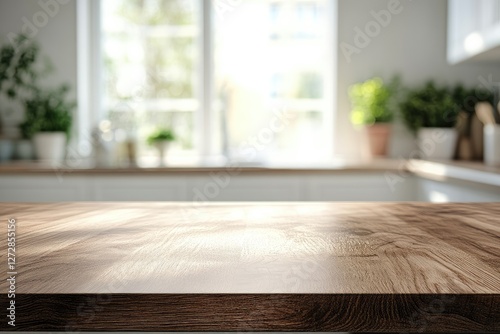 Sunny kitchen wood countertop, bright window background, product display