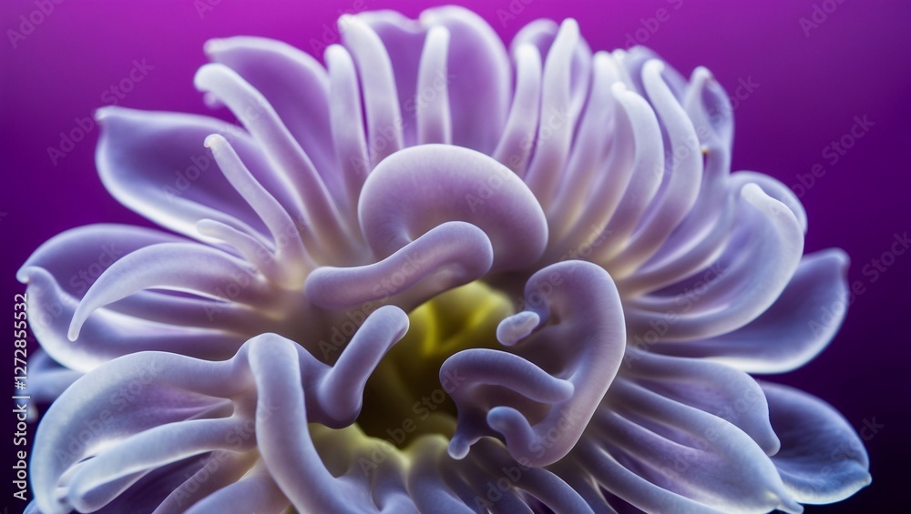 A close-up of a delicate, translucent sea anemone with soft glowing tentacles against a purple gradient background. A close-up of a delicate, translucent sea anemone with soft glowing tentacles against a purple gradient background.