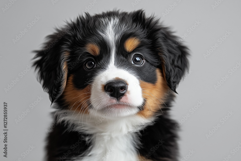 Sweet Portrait of Bernese Mountain Dog Puppy with Tri-colored Fur Pattern in Professional Studio Setting, High-Quality Pet Photography with Soft Lighting and Sharp Detail Focus on Expressive Eyes Sweet Portrait of Bernese Mountain Dog Puppy with Tri-colored Fur Pattern in Professional Studio Setting, High-Quality Pet Photography with Soft Lighting and Sharp Detail Focus on Expressive Eyes