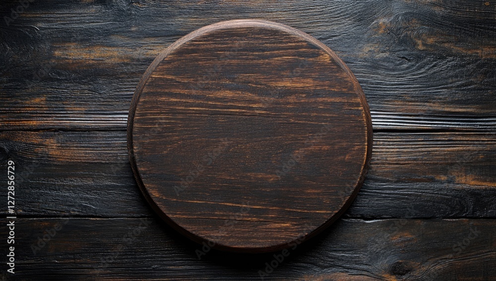 Rustic round wooden board on dark wood, overhead, food photography Rustic round wooden board on dark wood, overhead, food photography