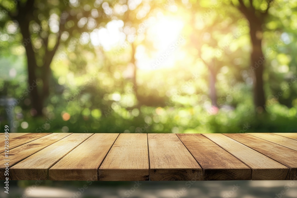Sunny park wooden table bokeh background