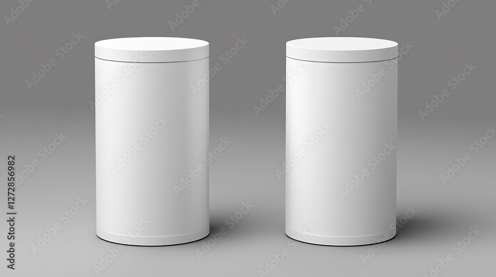 Two blank white cylindrical containers neatly arranged against a neutral gray background.. AI Generated Two blank white cylindrical containers neatly arranged against a neutral gray background.. AI Generated