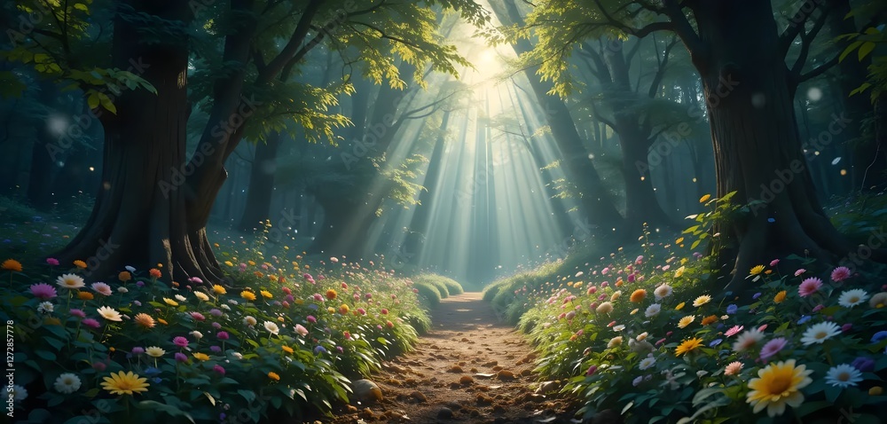Fototapeta premium Walking Path Through Sunlit Forest with Wildflowers and Light Rays