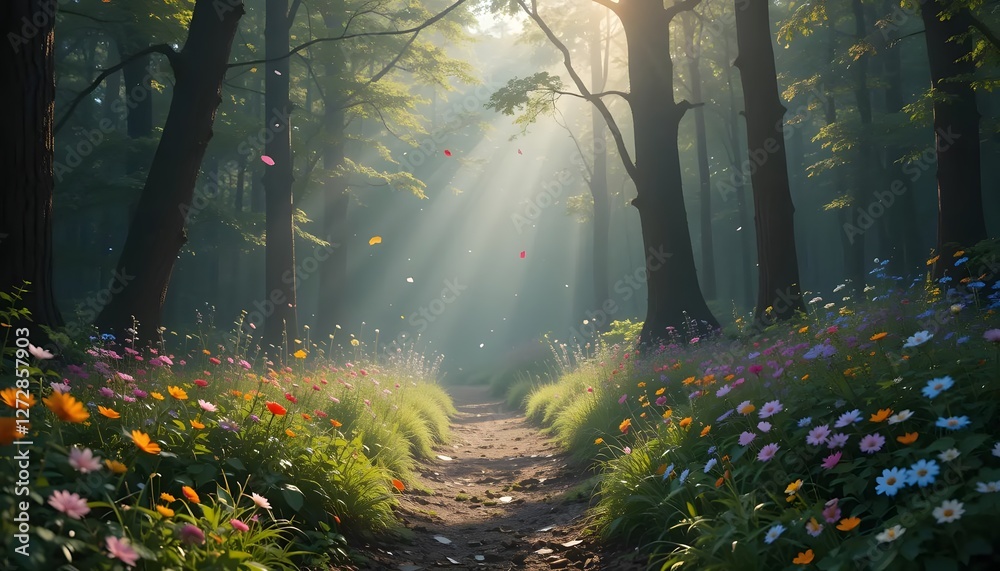 Obraz premium Walking Path Through Enchanted Forest with Sunlight and Wildflowers