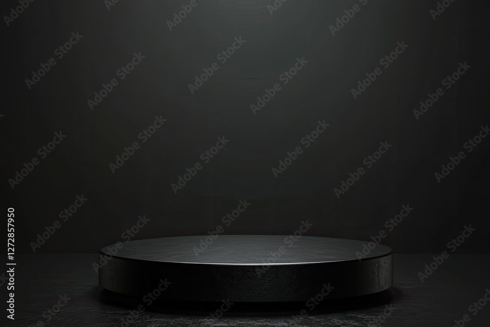 Dark studio, circular platform, spotlight, product display Dark studio, circular platform, spotlight, product display