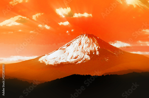 真っ赤に燃える雪化粧の富士山（イラスト調レタッチ＆色彩加工イメージ）