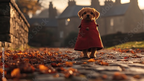 Puppy in Red Cape on Cobblestone Path, Autumn Village Background, Cute photo