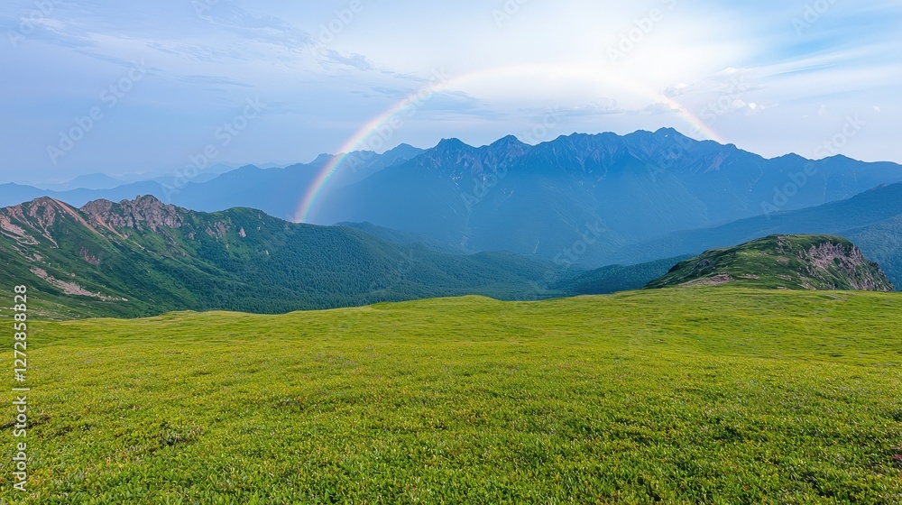 Fototapeta premium Mountain Meadow Rainbow Panorama