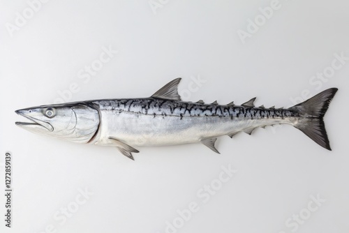 Whole great barracuda fish lies on a white background