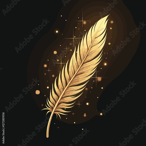 Golden feather with sparkling elements on dark background, inspiration