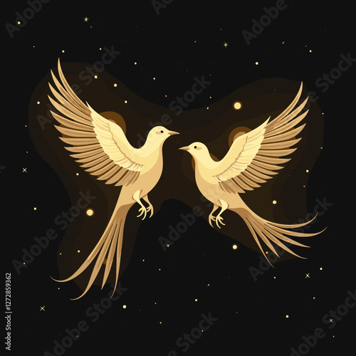 Golden birds soaring in starry night, freedom and beauty