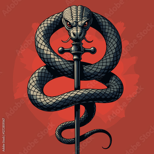 Coiled serpent around sword with fierce eyes, symbolism of power