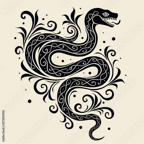 Elegant black snake with floral patterns, intricate design concept