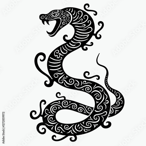 Intricate black snake illustration with decorative patterns, symbolism