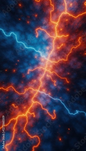 Dynamic Abstract Representation of Energy and Lightning with Vibrant Blue and Orange Electric Currents