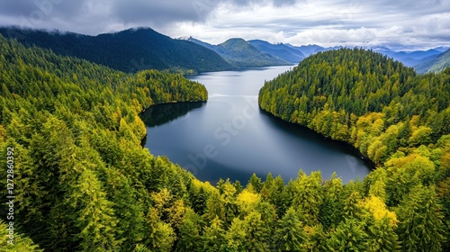 Serene lake surrounded by dense green forest with distant mountains