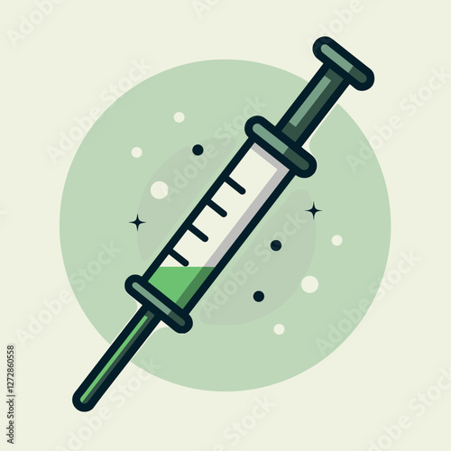 Vaccine syringe illustration with green liquid, healthcare concept